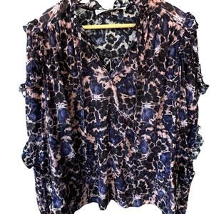 Marie Oliver Silk Ruffle Sleeve Blouse L Pink Purple Blue Watercolor Dark Floral